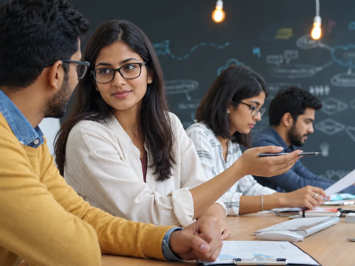 A team meeting in front of a chalkboard